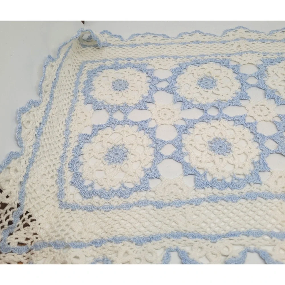 Vintage Set of 3 Crocheted Table Runner Placemat Potholder Blue White
